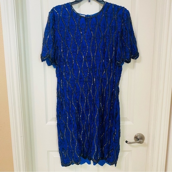Stenay Vintage Royal Blue Silk with Black Sequins Beaded Formal Dress Size 12 - Picture 1 of 9